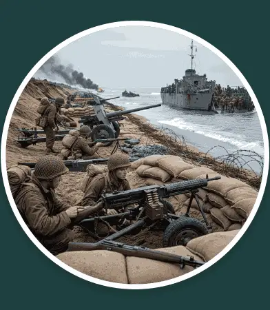 Soldados armados en posición en la orilla