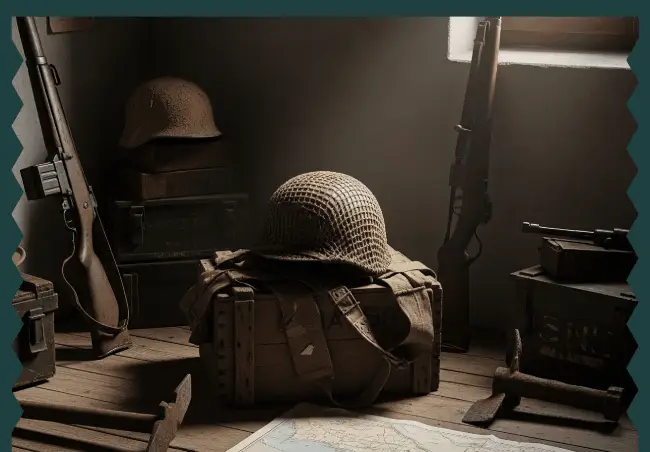 Habitación con cascos sobre cajas de madera y armas